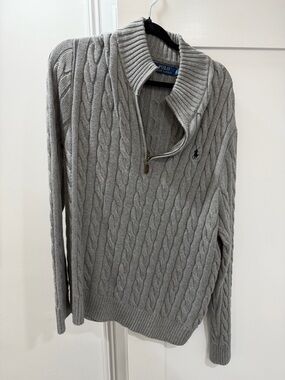 Ralph Lauren Light Gray Cable-Knit Zip Pullover Sweater